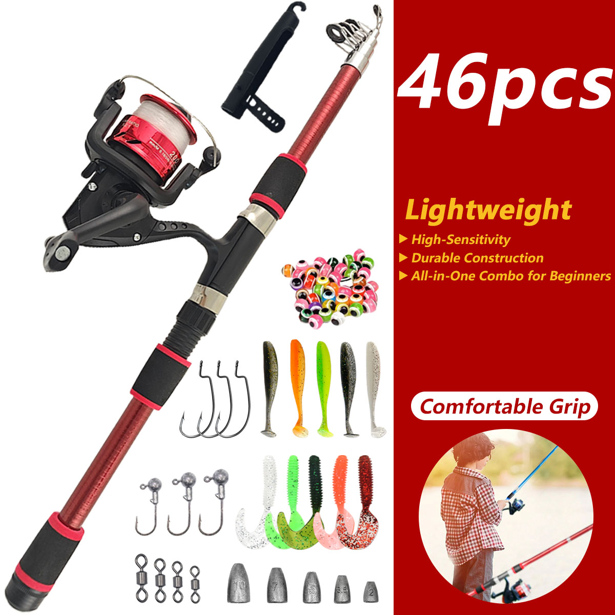 Freshwater Line - 46個入り伸縮式釣り竿リールコンボ、初心者向け携帯用フルタックルキット、子供用淡水・海水対応