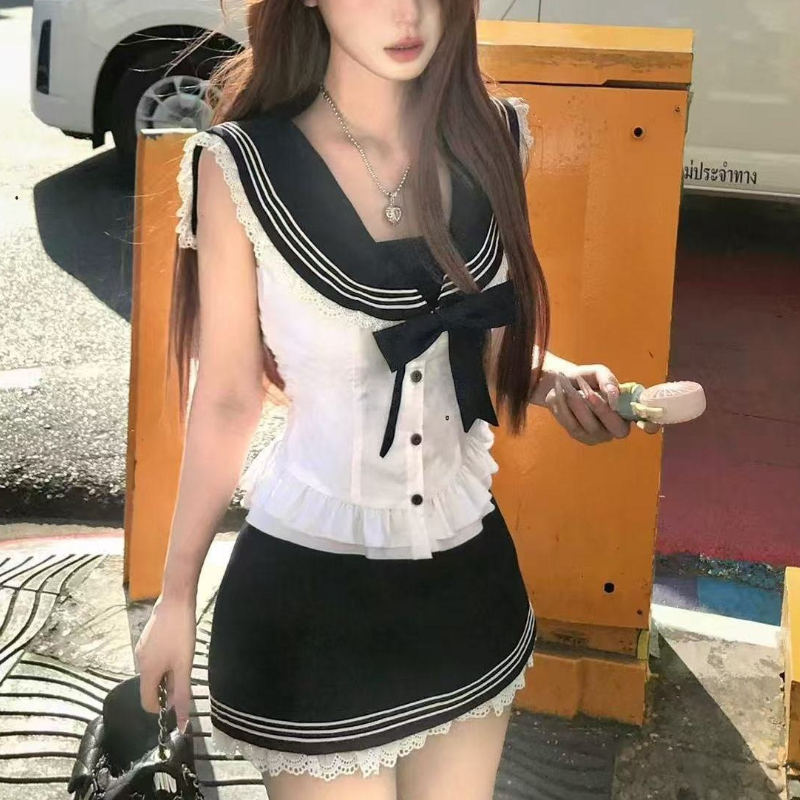 カレッジスタイルの弓甘い 2 点セット女性甘いセーラーシャツ - Fly Line のレビューと価格